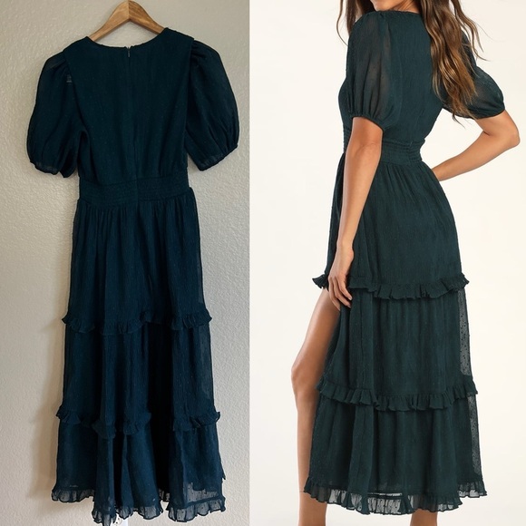 NWOT Tier to Please Dark Teal Puff Sleeve Swiss Dot Midi Dress - Picture 3 of 8